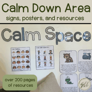 Classroom calm down area in the corner with calm down strategies poster, mindful breathing posters, emotions poster and a calm down tool box