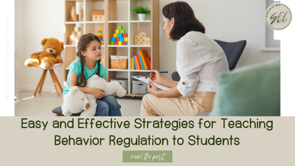 Teacher sitting across from a student who is upset. Student is holding a teddy bear.